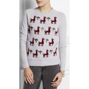 J. Crew Gray With Maroon Holiday Llamas Jeweled 100% Wool Sweater Size X Small